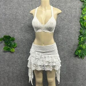 White Floral Lace Bralette & Ruffle Mini Skirt Two Piece Set